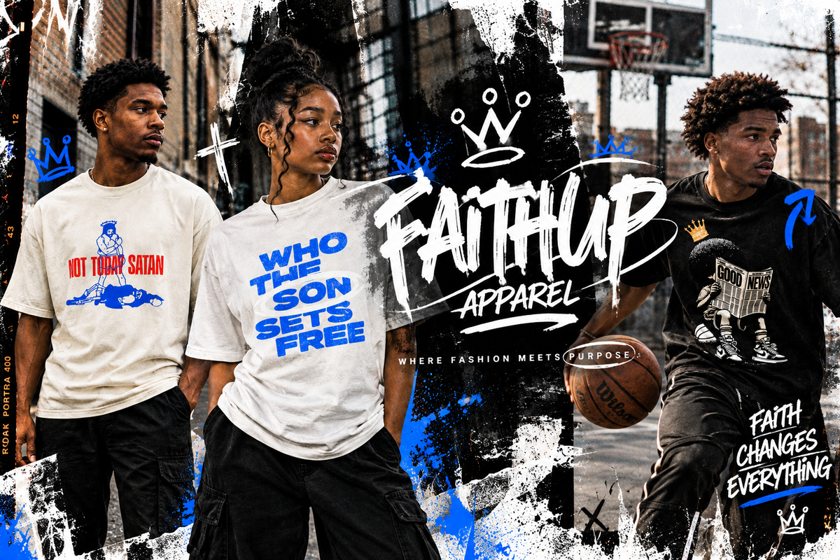 FaithUp Apparel 3:2 streetwear campaign banner featuring three models